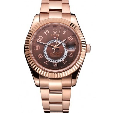 Aaa replica watch Dweller Strap Brown Sky Case Gold Dial Rose Rolex Leather Brown 0730